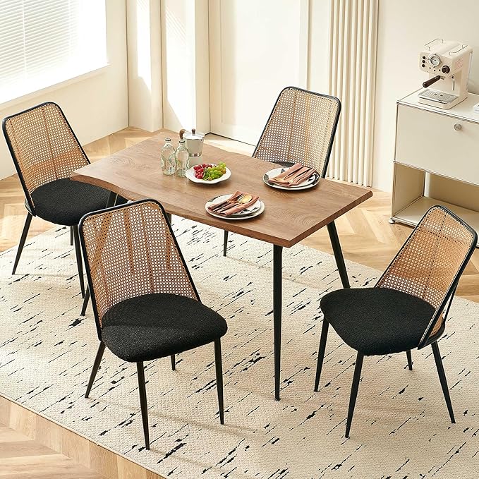47-Inch Rectangular Dining Table Set for 4, 5 Pieces Kitchen Table Set with 4 Seater Dining Chairs Upholsetered Boucle Room Chairs Curved Rattan Backrest for Kitchen Apartment Restaurant