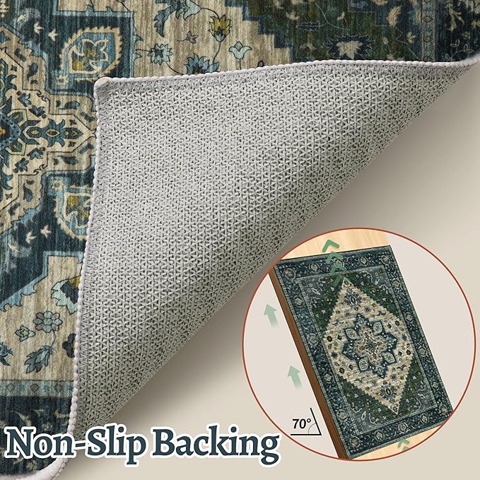 Tangsoo 2x3 Rugs for Entryway, Vintage Washable Non Slip Small Area Rug, Indoor Front Door Rug, Print Distressed Door Mat Carpet, Soft Low Pile Rugs for Entrance Kitchen Bedroom Green