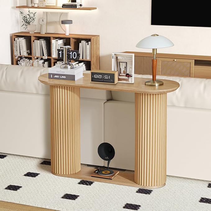 Fluted Console Table, Farmhouse Oval Curved Entryway Table with Storage and Fluted Wood Legs, Narrow Sofa Table Small Long Entry Table for Entrance, Hallway, Living Room (Natural)