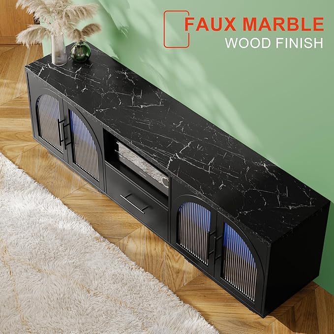 70" TV Stand for 80 Inch TVs, Entertainment Center with LED Lights and Arched Glass Doors, Faux Marble Wood Finish, Adjustable Shelves, Modern TV Cabinet for Living Room, Black