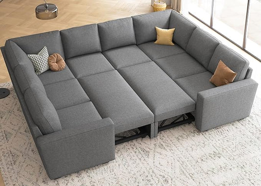 HONBAY Sleeper Sectional Couch with Pull Out Bed, Modular Sleeper Sofa with Storage, U Shaped Sectional Couches for Living Room, Dark Grey