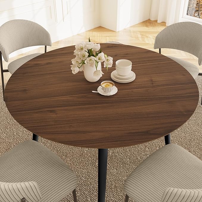 43.3 Inch Round Dining Table Set for 4, Modern Small Kitchen Coffee Set for Dining Room Kitchen Apartment (Walnut Table + 4 Grey Shell Chairs)