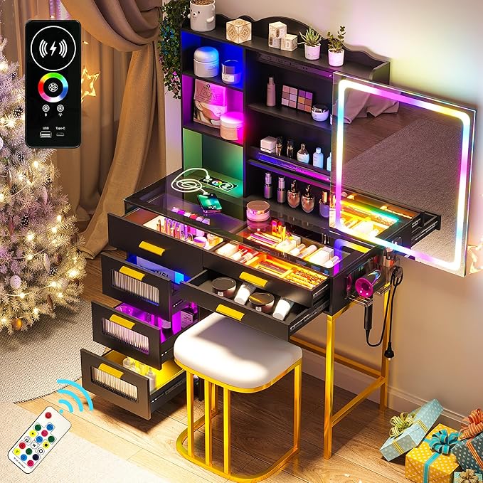 RGB Vanity Desk with Sliding Mirror and Lights, LED Makeup Vanity with Charging Station, Glass Top Dressing Table Set with Jewelry Organizer,6 Drawers,Stool,Shelves for Bedroom (Black)