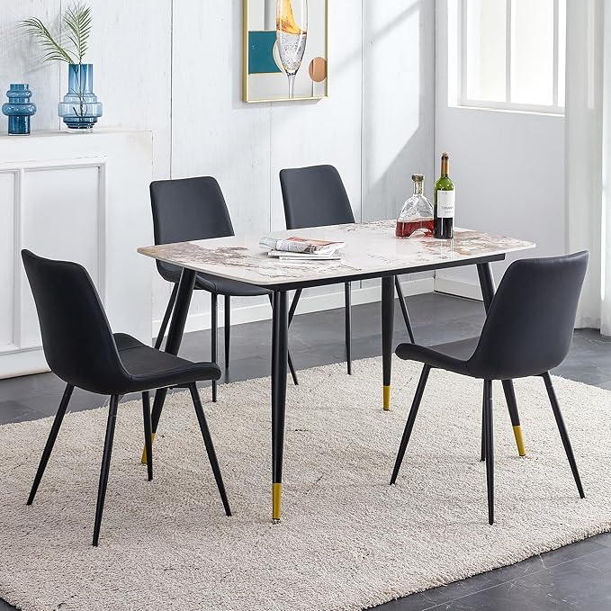 Modern Granite Dining Table Set for 4, 50" Sintered Stone Table and 4 Black PU Leather Chairs