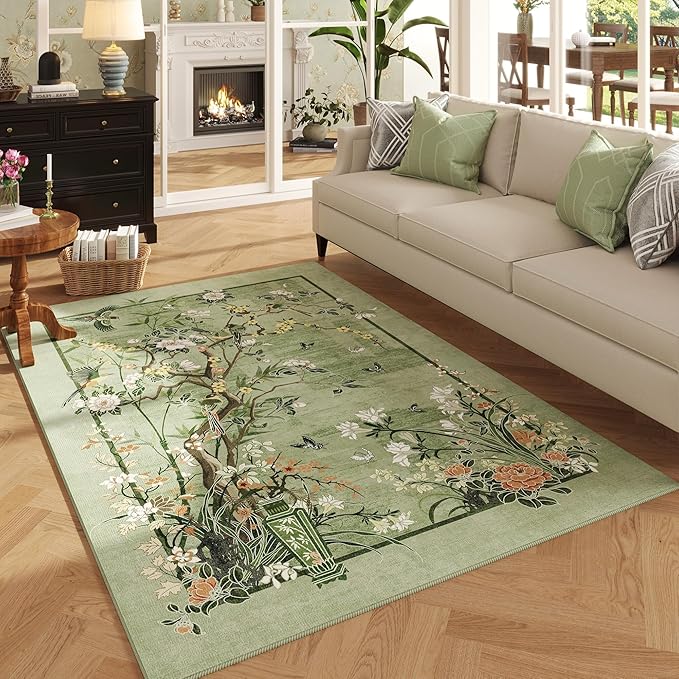 4x6 Rug Chinoiserie-Style Floral Vintage Washable Area Rugs Non Slip Low Pile Small Carpet for Bedroom, Bedside, Kids Room, Office, Dining Room, Green