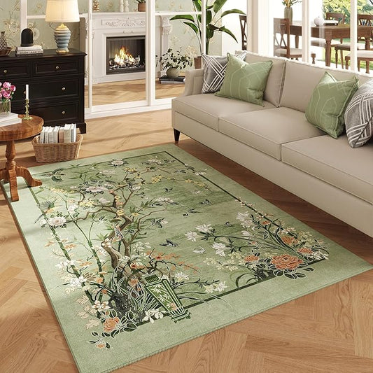 4x6 Rug Chinoiserie-Style Floral Vintage Washable Area Rugs Non Slip Low Pile Small Carpet for Bedroom, Bedside, Kids Room, Office, Dining Room, Green