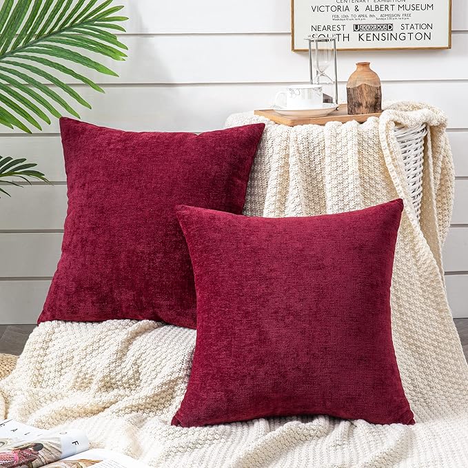 GAWAMAY Decorative Square Throw Pillow Covers 22"x22" Inch Set of 2, Super Soft Chenille Pillows Farmhouse Fall Pillowcase for Living Room Bedroom Sofa Couch Cushion Cover Burgundy Red 55x55cm