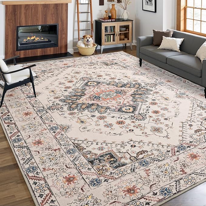 8x10 Area Rug for Living Room, Modern Washable Rug Non Slip Low Pile Large Area Rugs for Living Room, Bedroom, Farmhouse, Dining Room, Beige