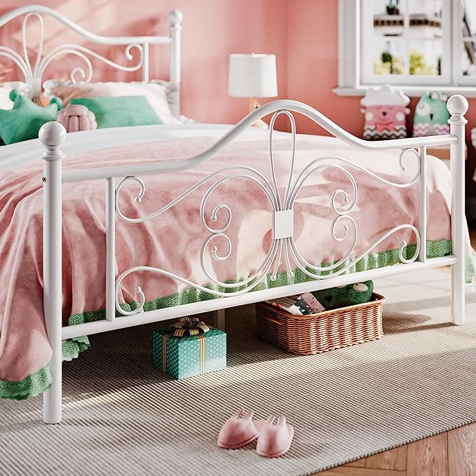 SHA CERLIN Queen Size Bed Frame with Headboard,Metal Bed Frame with Butterfly Pattern Design Headboard & Footboard,No Box Spring Needed,Easy Assembly,White