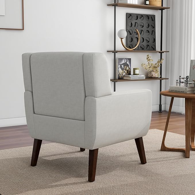 Accent Chair, Mid-Century Modern Fabric Chairs with Arms for Living Room, Comfy Upholstered Club Single Sofa Armchair for Bedroom Waiting Room with Solid Wood Frame (Fabric Beige, Set of 1)