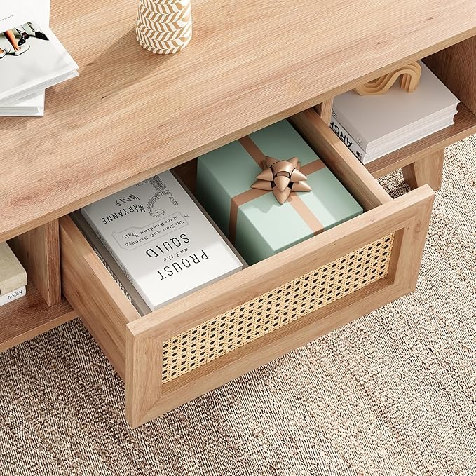 Soohow Coffee Table, Mid Century Living Room Tables with Storage, Modern Square with Rattan Drawer, Wooden Living Room Table with Solid Wood Leg