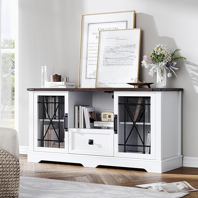 Entertainment Center White TV Stand with Charging Station Modern 55'' Television Stand Console with Adjustable Storage Shelves, Rustic Media Storage Cabinet for Living Room and Bedroom