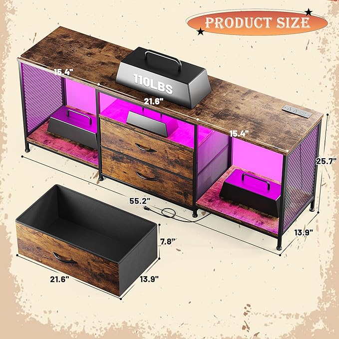 55" W TV Stand for Bedroom with LED Lights & Power Outlets Dresser TV Stand with 2 Drawers for 65" TV with Open Storage Shelves