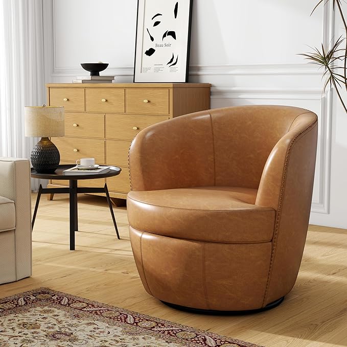 Swivel Barrel Chair, Modern Round PU Leather Accent Armchair for Living Room, Bedroom, Comfy Club Reading Chairs for Adults (Leather Light Brown, Set of 2)