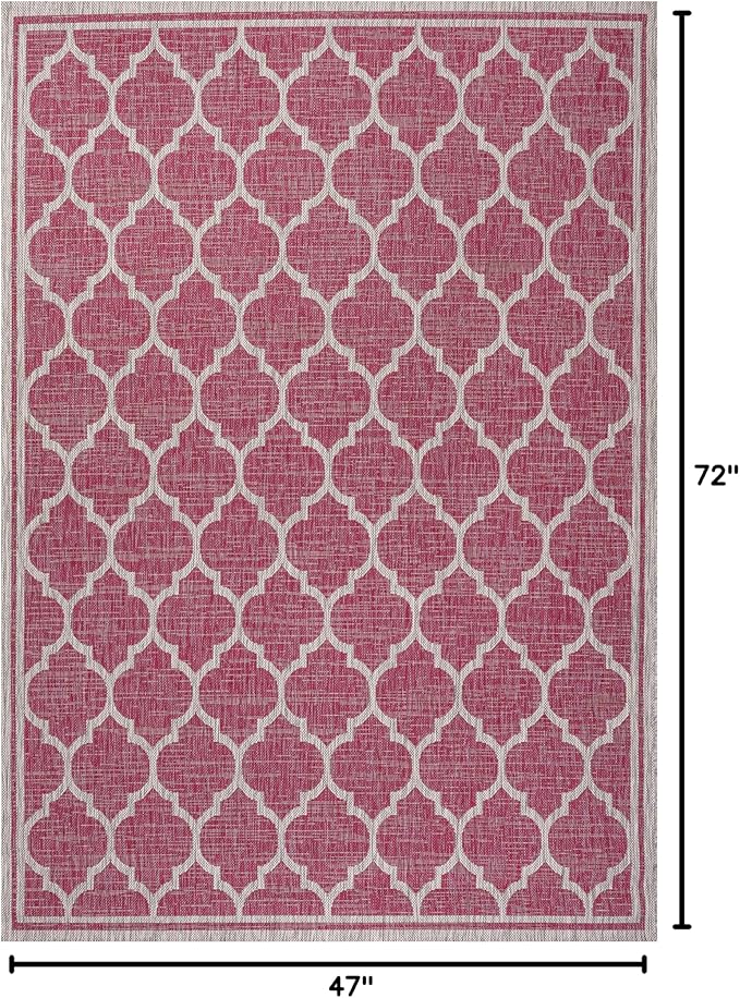 Eyely BMS109H-4 Santa Monica Trebol Moroccan Trellis Textured Weave Indoor/Outdoor Area Rug Coastal;Bohemian, Bedroom, Backyard, Patio, Easy-Cleaning, Non-Shedding, 4 X 6, Fuchsia/Light Gray