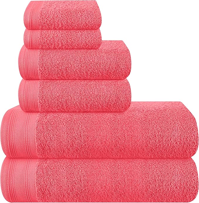 Ultra Soft 6 Pack Cotton Towel Set, Contains 2 Bath Towels 28x55 inch, 2 Hand Towels 16x24 inch & 2 Wash Coths 12x12 inch, Ideal Everyday use, Compact & Lightweight - Coral Orange