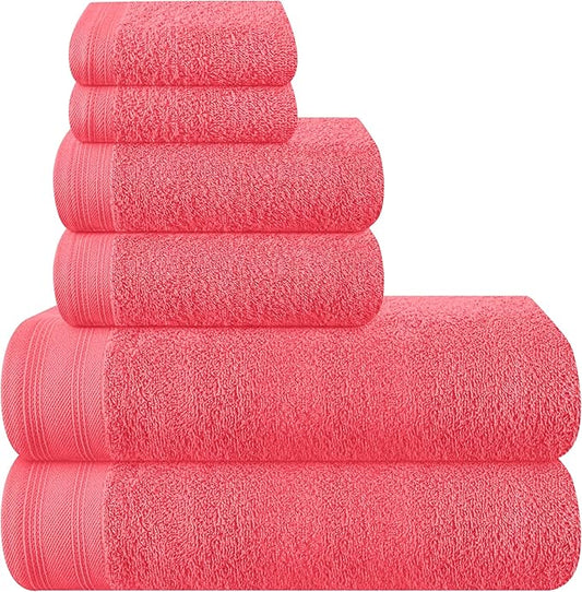 Ultra Soft 6 Pack Cotton Towel Set, Contains 2 Bath Towels 28x55 inch, 2 Hand Towels 16x24 inch & 2 Wash Coths 12x12 inch, Ideal Everyday use, Compact & Lightweight - Coral Orange