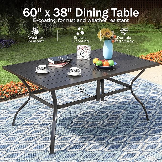 PHI VILLA 7-Piece Metal Patio Outdoor Table and Chairs Outdoor Dining Set - 60" Patio Table with Umbrella Hole and 6 Backyard Garden Chairs, Black
