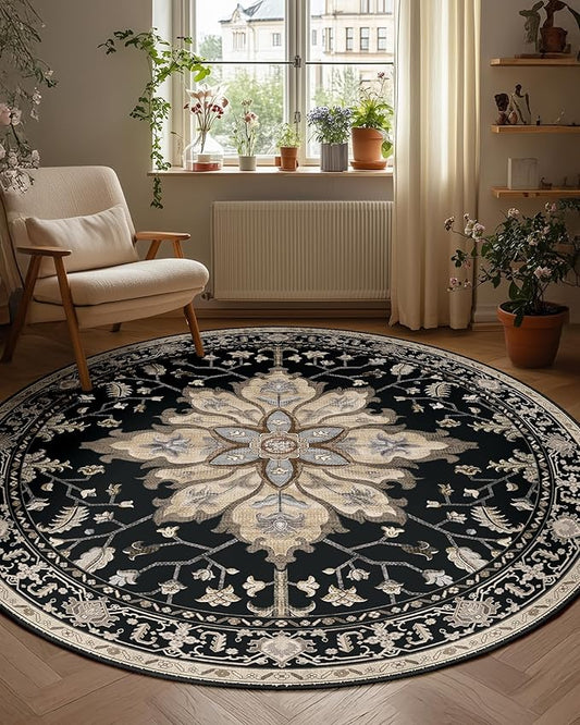 Area Rugs 5ft Washable Non-Slip, Floral Vintage Distress Print Pattern Medallion Carpet for Living Room Bedroom Dining Room, Black Brown Neutral Dark Tan
