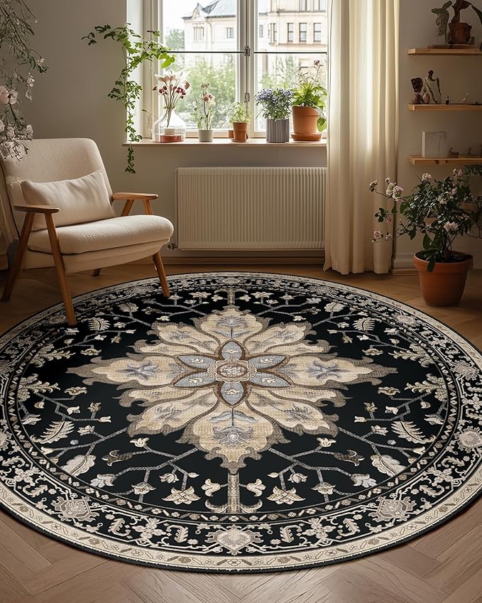 Area Rugs 6ft Washable Non-Slip, Floral Vintage Distress Print Pattern Medallion Carpet for Living Room Bedroom Dining Room, Black Brown Neutral Dark Tan