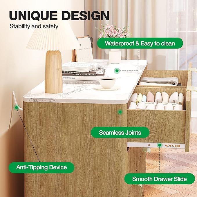 Fluted 6 Drawer Dresser, 47" Wide Chest of Drawers with Faux Marble Top,Modern Dresser TV Stand, Wood Closet Clothes Storage Organizer with Curved Edges for Bedroom, Living Room, Natural