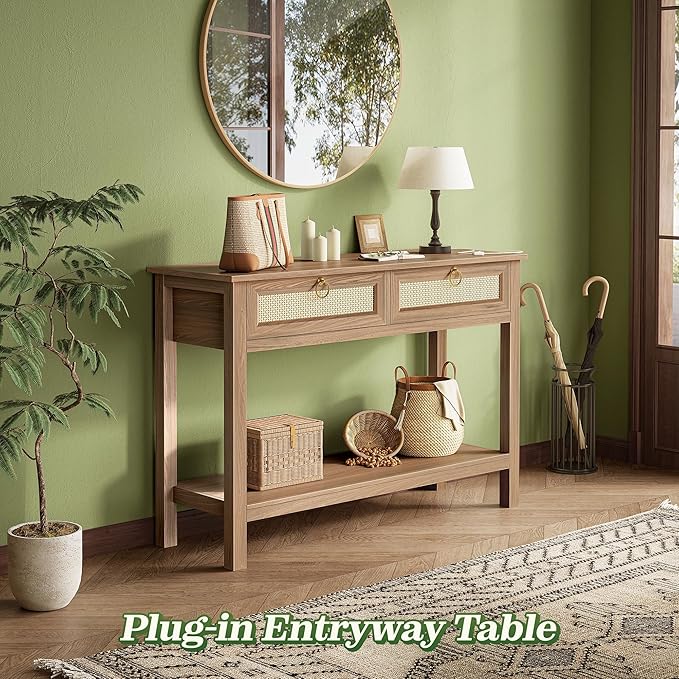 SUPERJARE Rattan Console Sofa Table with Outlets and USB-C Port, 2 Drawer Entryway Table with Synthetic Rattan Surface, 39 Inch, Open Shelf, Behind Couch Entry Foyer Hallway Storage, Brown