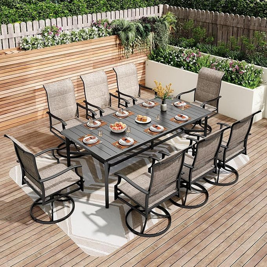 PHI VILLA 9 PCS Patio Dining Set for 8 Person, Padded High Back Outdoor Swivel Chairs and Large Metal Table, Patio Table and Chairs Set for Outdoor Deck Lawn Garden