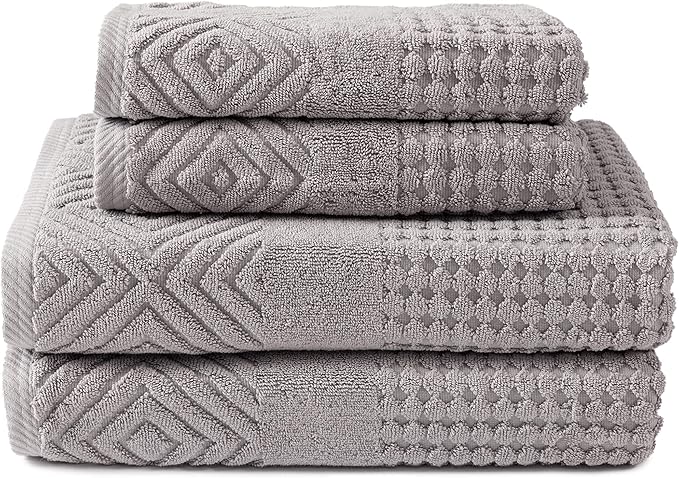 Texere 100% Organic Cotton Diamond Jacquard 700 GSM Luxury Bath Towel Sets - Ultra Soft and Absorbent Hotel and Spa Quality (Diamond, Cathedral Gray, 2 Bath & 2 Hand Towels)