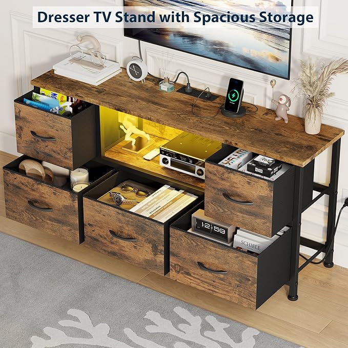 Lulive TV Stand for Living Room, LED Rustic Brown Dresser for Bedroom with 5 Fabric Drawers,43 55in TV Stand with Power Outlet, Entertainment Center with Open Shelf