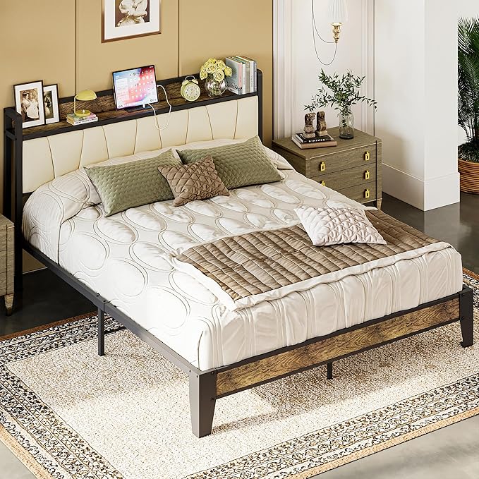 LIKIMIO Queen Bed Frame, Storage Headboard with Charging Station, Solid and Stable, Noise Free, No Box Spring Needed, Easy Assembly (Walnut and Beige)