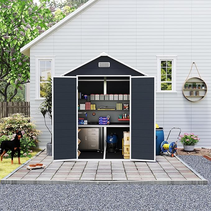 6x6 FT Outdoor Storage Resin Shed with Floor, Plastic Garden Tool Shed with Sloped Roof, Lockable Door & Windows, Easy to Assemble Bike Shed for Lawn, Backyard, Patio, Black