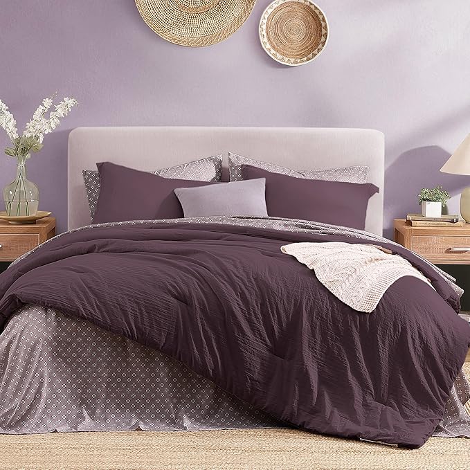 Monbix King Size Comforter Set - 7 Pieces ltalian Plum Prewashed Bed in a Bag King Bedding Sets with Comforters, All Seasons Down Alternative Comforter Bed Set with Sheets,Pillowcases & Shams