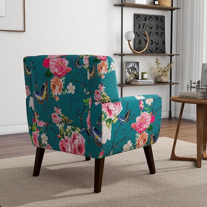 Accent Chair, Modern Linen Blend Arm Chair for Living Room, Bedroom, Comfy High-Resilient Sponge Reading Chair for Small Spaces (Pattern Floral Blue, Set of 2)