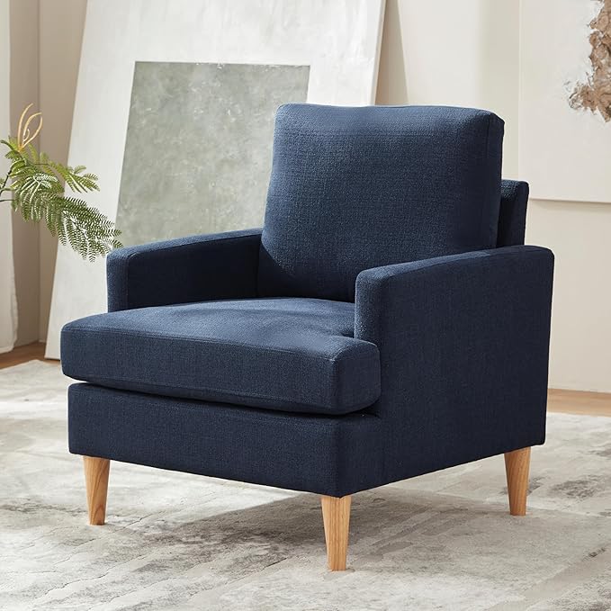 VKNOW Mid-Century Accent Chairs Set of 2, Modern Upholstered Armchair for Living Room,Comfy Reading Accent Chairs with Wood Legs for Bedroom, Navy Blue Polyester