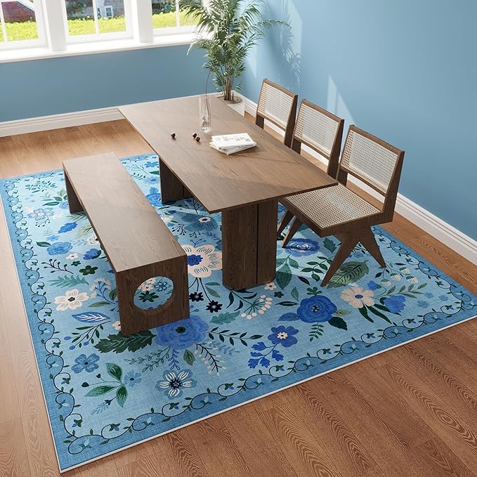 Living Room Rug 6x9 Rug Machine Washable Boho Area Rug Non Slip Floral Vintage Low Pile Large Rug for Living Room, Bedroom, Farmhouse, Dining Room, Kids Playroom(Blue)