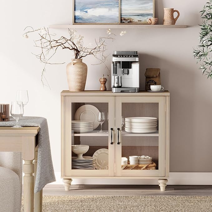 WAMPAT Farmhouse TV Stand for TVs Up to 43 inch, Glass Wood Universal TV Stand with 2 Storage Cabinets, Beige Entertainment Center TV Console Table for Living Room, Bedroom