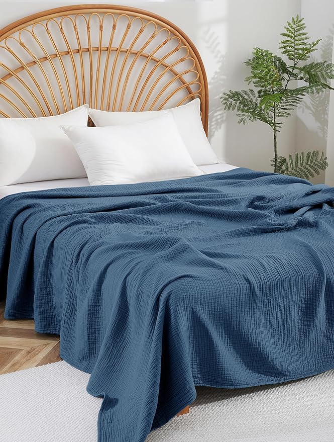 100% Cotton Muslin Throw XL Blanket (50" x 70") – A Luxuriously Soft, 4-Layer Lightweight and Breathable Gauze Blanket, Perfect for Year-Round use on beds, couches (Pacific Blue, Throw XL)
