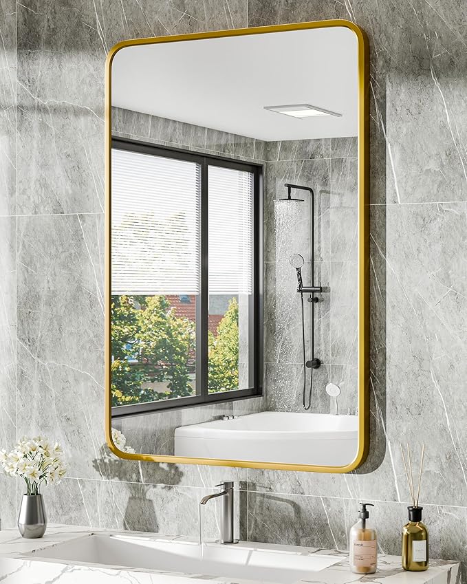 Bathroom Mirror 36" X 24" Wall Mount Dresser Metal Frame Rounded Rectangular Mirror Over Sink Vanity Hungs Horizontally Or Vertically for Bedroom, Entryway, Living Room,Gold