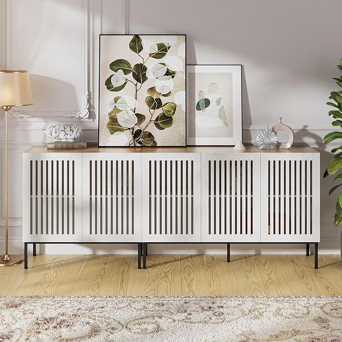 Farmhouse TV Stand for TVs up to 85 inch, 2 in 1 Entertainment Center TV Console with Storage Cabinets and Metal Base,Media Console for Living Room, Antique White