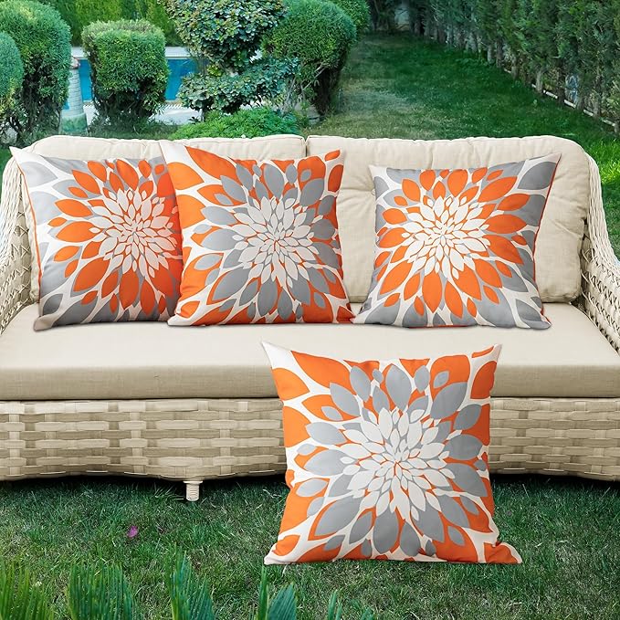 Qahing Pack of 4 Fall Outdoor Waterproof Pillow Covers 18x18 Decorative Outdoor Throw Pillows Garden Square Cushion Cases for Patio Furniture, Couch, Tent Sunbrella, Bench, Orange Grey