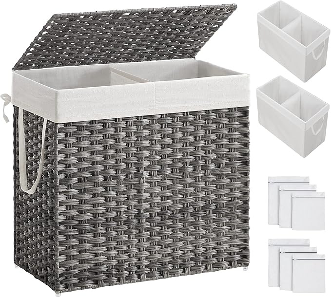 SONGMICS 130L Clothes Hamper with Lid, 2 Removable Liner Bags, 6 Mesh Bags, Wicker, Double Laundry Basket for Bathroom, 13 x 26 x 23.6 Inches, Gray ULCB253G01