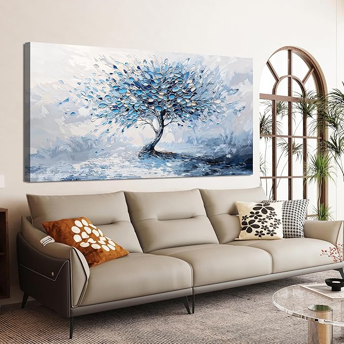 Large Canvas Wall Art Decor Modern Blue White Wall Art Prints Canvas Art Wall Decor Wall Art Pictures for Living Room Artwork for Walls Abstract Art Tree of Life Wall Art Bedroom Office Decor 24"X48"
