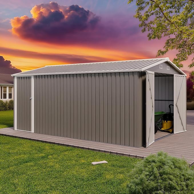 10 x 14 FT Outdoor Storage Shed, Metal Garden Tool Shed with Slooping Roof, Lockable Doors, All-Weather Bike Shed Easy to Assemble for Backyard, Patio, Lawn, Grey