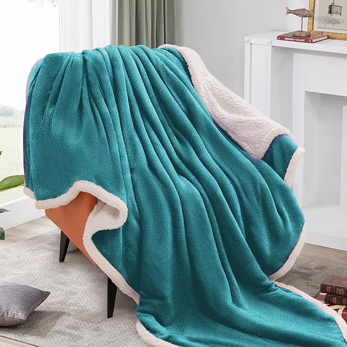 BEAUTEX Sherpa Fleece Throw Blankets, Soft Fluffy Flannel Plush Blanket and Throw, Fuzzy Cozy Cuddle Blankets for Couch Bed Sofa Adults (50" x 60", Harbor Blue)