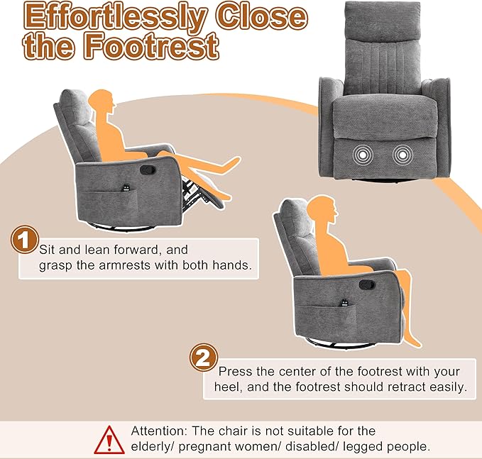 Manual Swivel Rocker Recliner Chair for Adults, Overstuffed Recliner Glider with Massage and Heat, Living Room Reclining Chair, Fabric Dark Gray