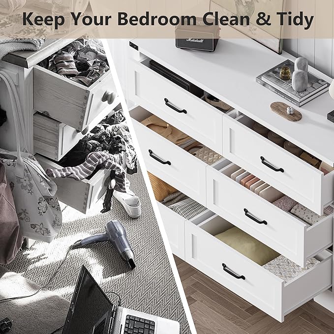 6-Drawer Dresser for Bedroom – 47" Wide Modern Wooden Chest with Natural Wood Texture, TV Stand & Storage, Metal Corner Brackets, Wood Drawer Organizer for Living Room, Hallway