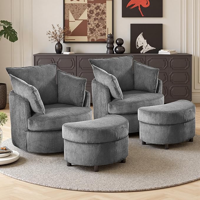 Swivel Accent Chair with Ottoman Comfy Reading Chairs for Bedroom Modern Corduroy Arm Chair 360°Swivel Barrel Chairs for Living Room,Apartment (Dark Grey, 2)