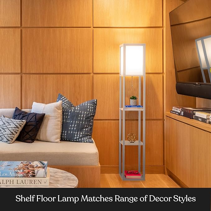 Brightech Maxwell - Modern Shelf Floor Lamp with Lamp Shade and LED Bulb - Corner Display Floor Lamps with Shelves for Living Room, Bedroom and Office - White