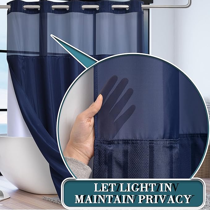 Extra Long No Hook Waffle Weave Shower Curtain with Snap in Liner Set, Hotel Luxury Dark Blue Shower Curtains for Bathroom with See Through Top Window, Waterproof, Washable 71W x 84H Stripe