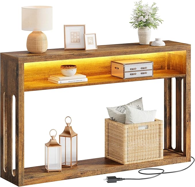 FAVOOSTY Farmhouse Console Table with Storage, 47" Entryway Console Table with Led Light, 2-Tier Entryway Table Sofa Table Behind Couch Table Hallway Stand for Living Room,Foyer,Entrance Brown